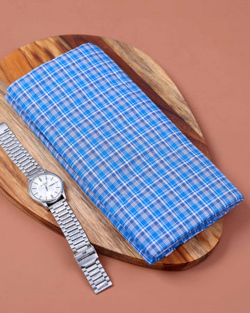 999 Brand Men's Premium Cotton Checked 2.10 Meter Stitched Lungi - Blue