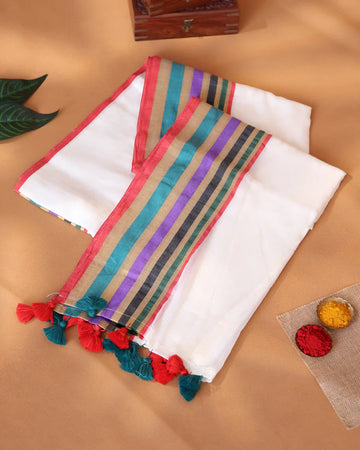 Mul Mul Cotton Saree with Multicolour Striped Border Solid Body and Handcrafted Tassels – White
