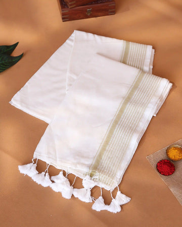 Mul Mul Cotton Saree with Solid Body Striped Border and Traditional Tassel Detailing - White