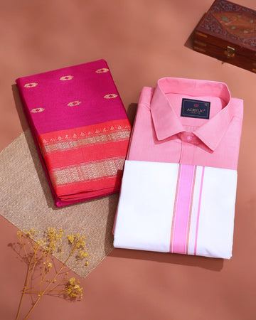 Traditional Couple Combo Gift Set with Men’s Shirt & Dhoti Set and Elegant Litchi Silk Saree - Pink