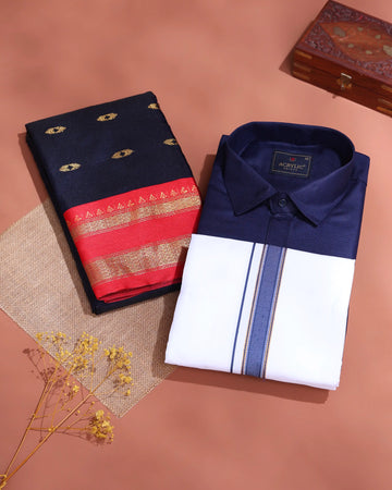Traditional Couple Combo Gift Set with Men’s Shirt & Dhoti Set and Elegant Litchi Silk Saree - Navy Blue