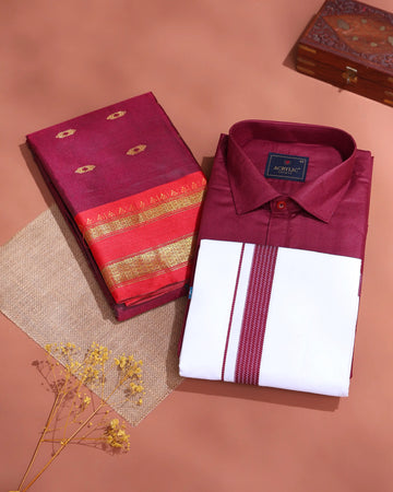 Traditional Couple Combo Gift Set with Men’s Shirt & Dhoti Set and Elegant Litchi Silk Saree - Maroon