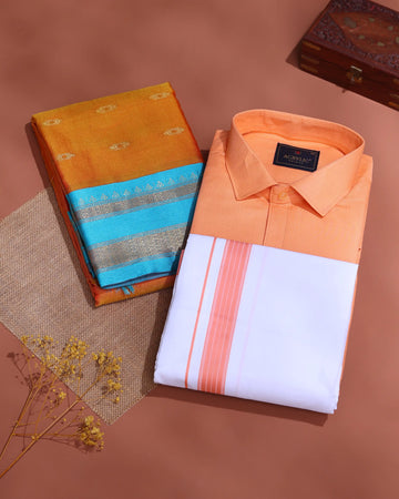 Traditional Couple Combo Gift Set with Men’s Shirt & Dhoti Set and Elegant Litchi Silk Saree - Orange