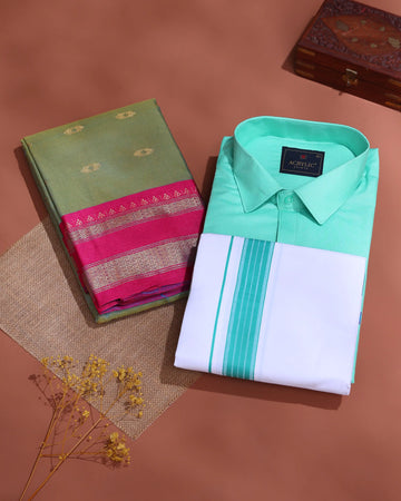 Traditional Couple Combo Gift Set with Men’s Shirt & Dhoti Set and Elegant Litchi Silk Saree - Aqua Green & Green