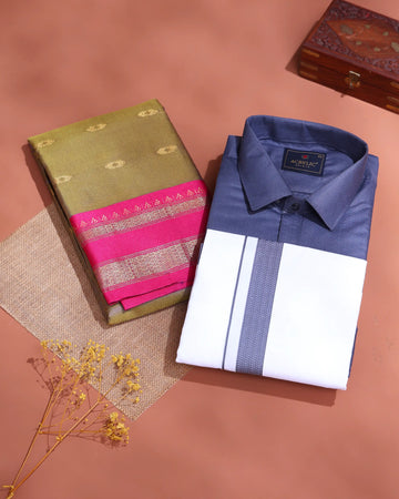Traditional Couple Combo Gift Set with Men’s Shirt & Dhoti Set and Elegant Litchi Silk Saree - Slate Blue & Olive Green