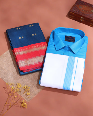 Traditional Couple Combo Gift Set with Men’s Shirt & Dhoti Set and Elegant Litchi Silk Saree - Blue
