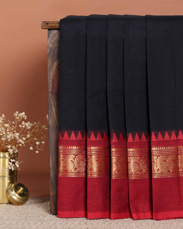 Traditional Handloom Chettinad Cotton Saree with Zari Woven Border and Temple Design - Black