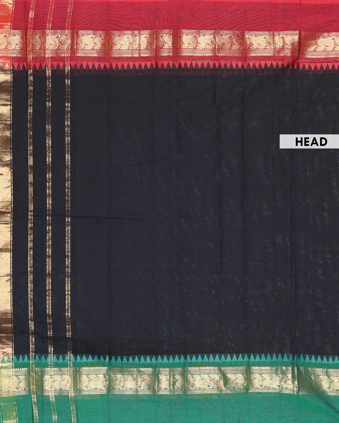 Traditional Handloom Chettinad Cotton Saree with Zari Woven Border and Temple Design - Black
