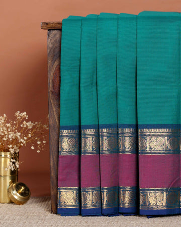 Traditional Handloom Chettinad Cotton Saree with Contrast Zari Woven Border and Elegant Temple Motif Detailing - Sea Green