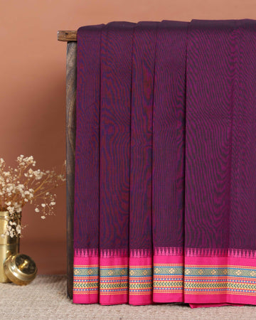 Traditional Handloom Chettinad Cotton Saree with Intricate Contrast Woven Border and Temple Pattern - Purple