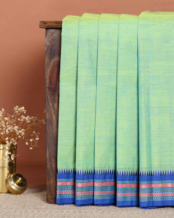 Traditional Handloom Chettinad Cotton Saree with Intricate Contrast Woven Border and Temple Pattern - Light Green
