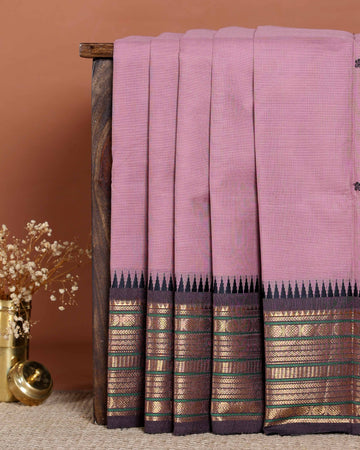 Traditional Handloom Chettinad Cotton Saree with Woven Temple Border and Intricate Geometric Pallu Design - Onion Pink