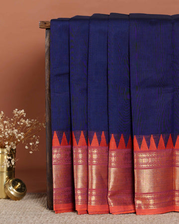 Traditional Handloom Chettinad Cotton Saree with Woven Temple Border and Intricate Zari Detailing - Dark Blue