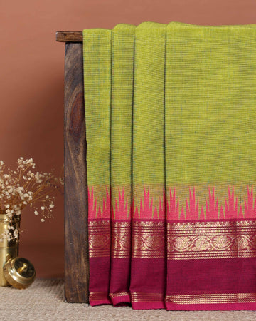 Traditional Handloom Chettinad Cotton Saree with Traditional Temple Border and Zari Work - Olive Green