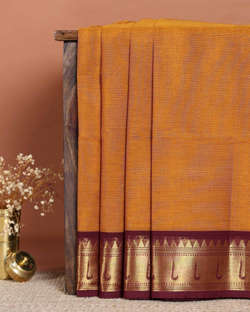 Traditional Handloom Chettinad Cotton Saree with Traditional Zari Border - Mustard