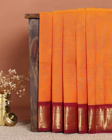 Traditional Handloom Chettinad Cotton Saree with Traditional Zari Border - Orange