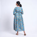Blue printed maternity wear with empire waist and three quarter sleeves front view 