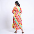 Women's striped maternity wear with tie-back waist and tiered hem multicolor back view on model