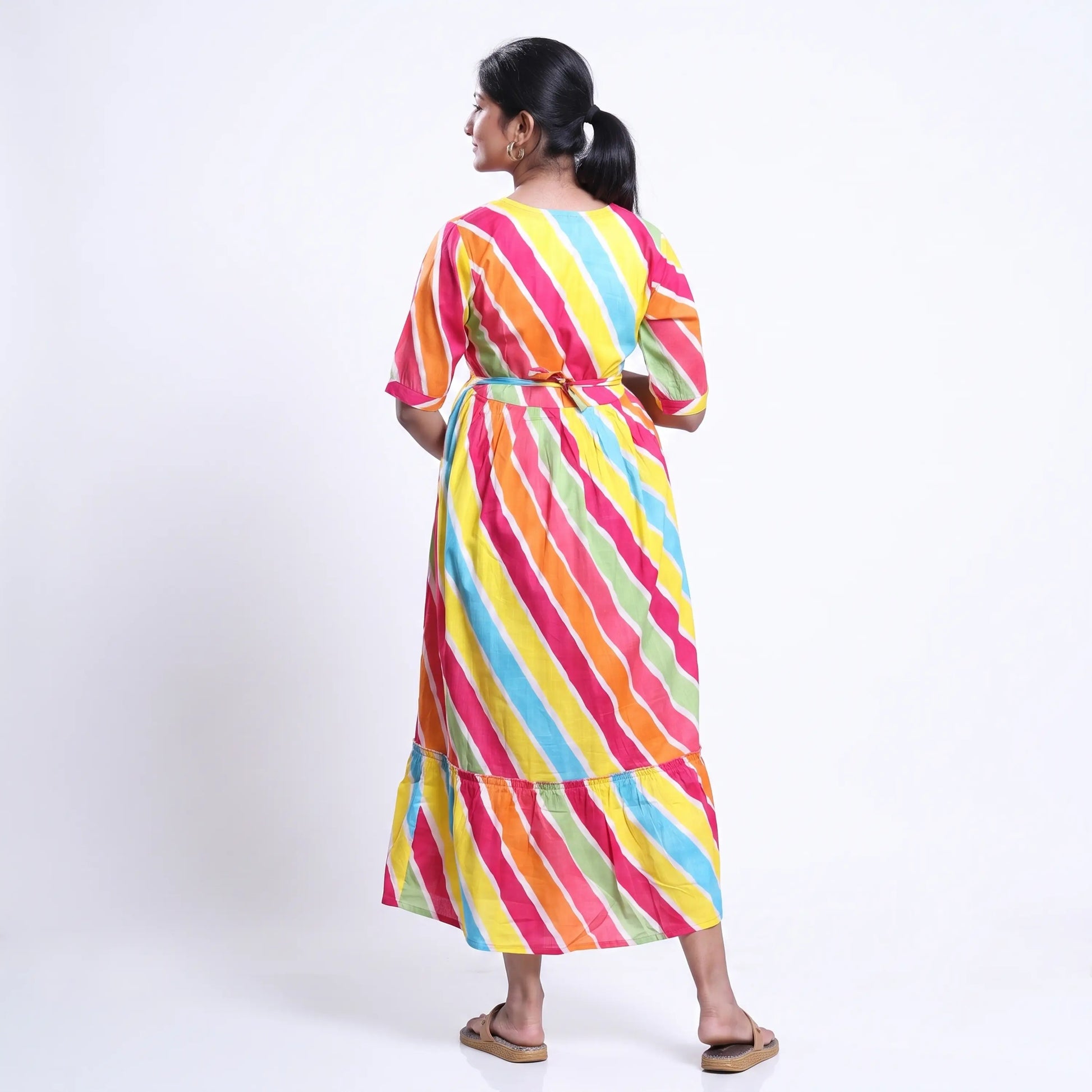 Women's striped maternity wear with tie-back waist and tiered hem multicolor back view on model