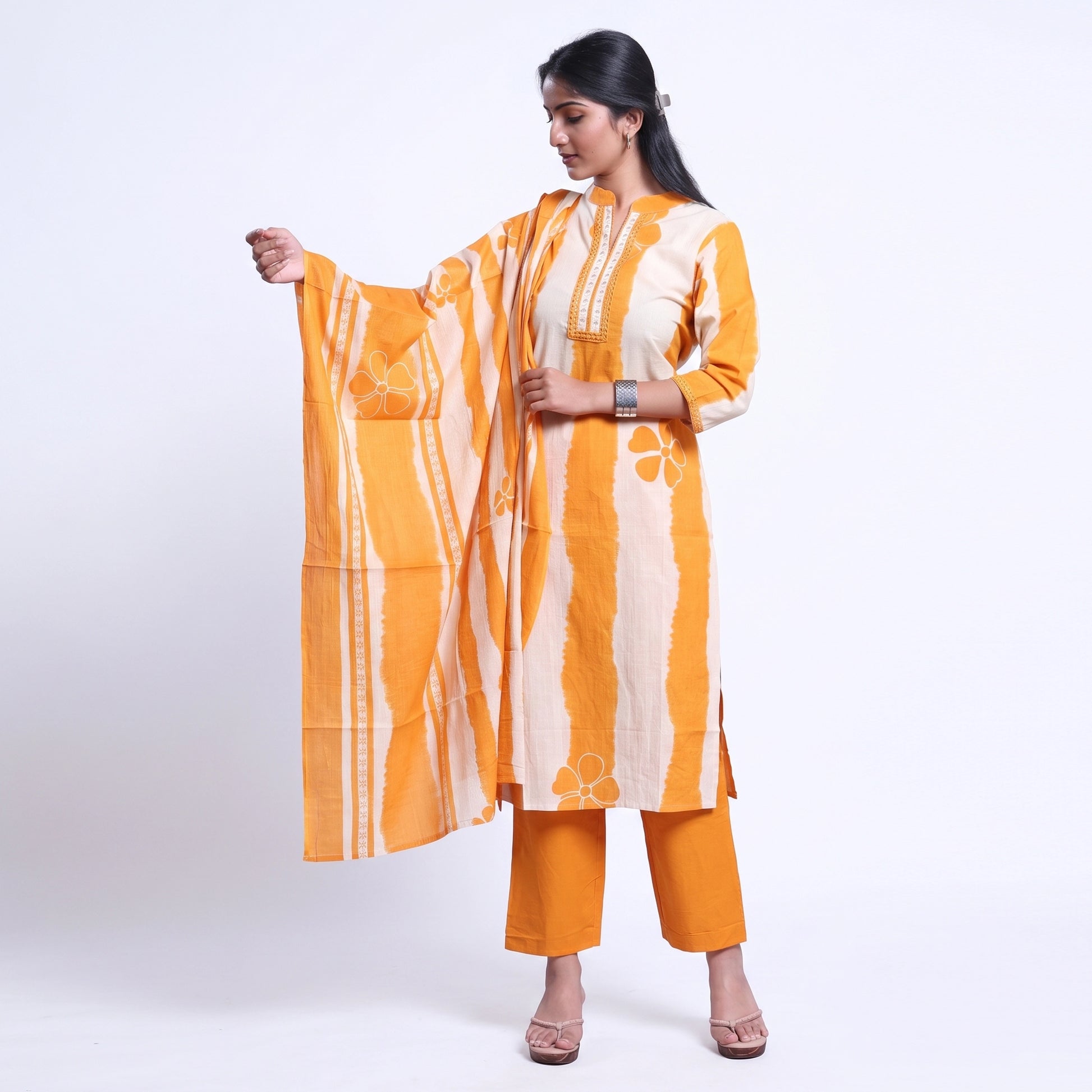 Kurta Pant Set with Matching Dupatta and Tie-Dye Pattern Yellow Full-Length Front View