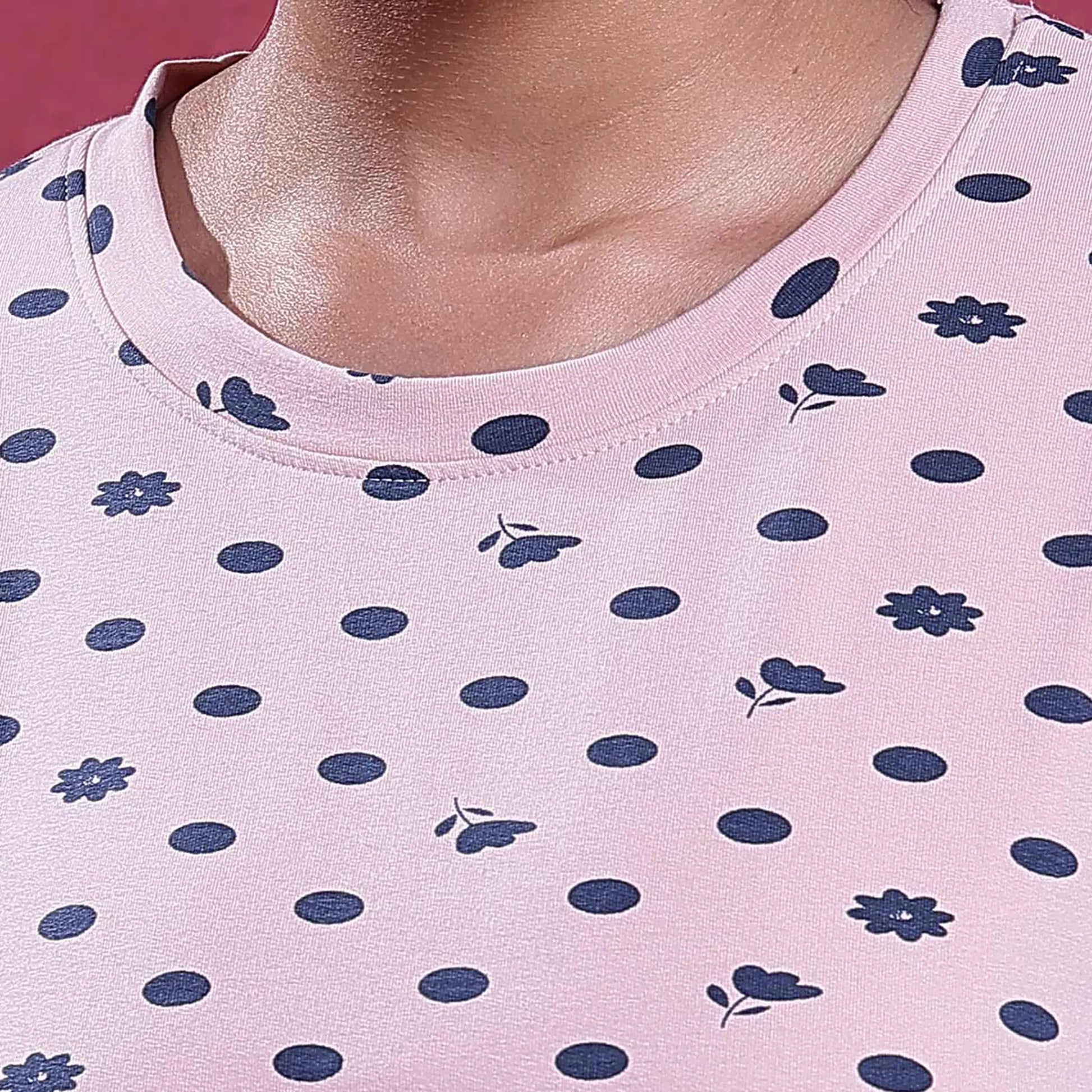 Women’s Printed Nightwear Set Short Sleeve Round Neck Top with Full Length Pajama Pants, Pink
