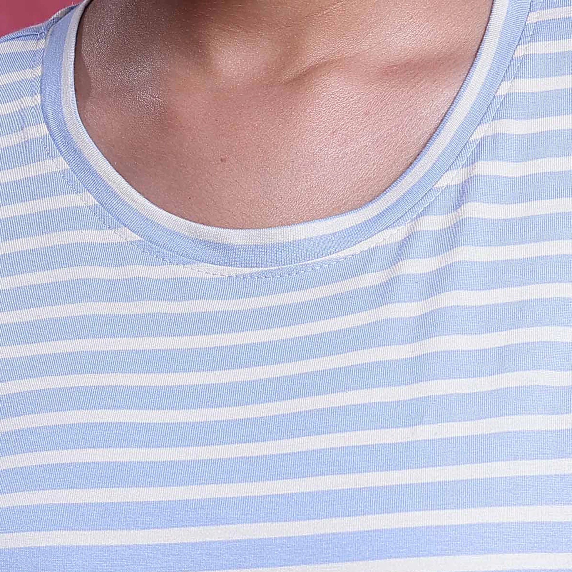 Women’s Cotton Striped Nightwear Set Short Sleeve Round Neck Top with Full Length Pajama Pants, Blue