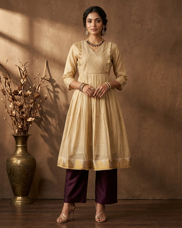 Women’s  A-Line Kurta with Textured Yoke Ruffled Stripes & Golden Floral Border - Gold