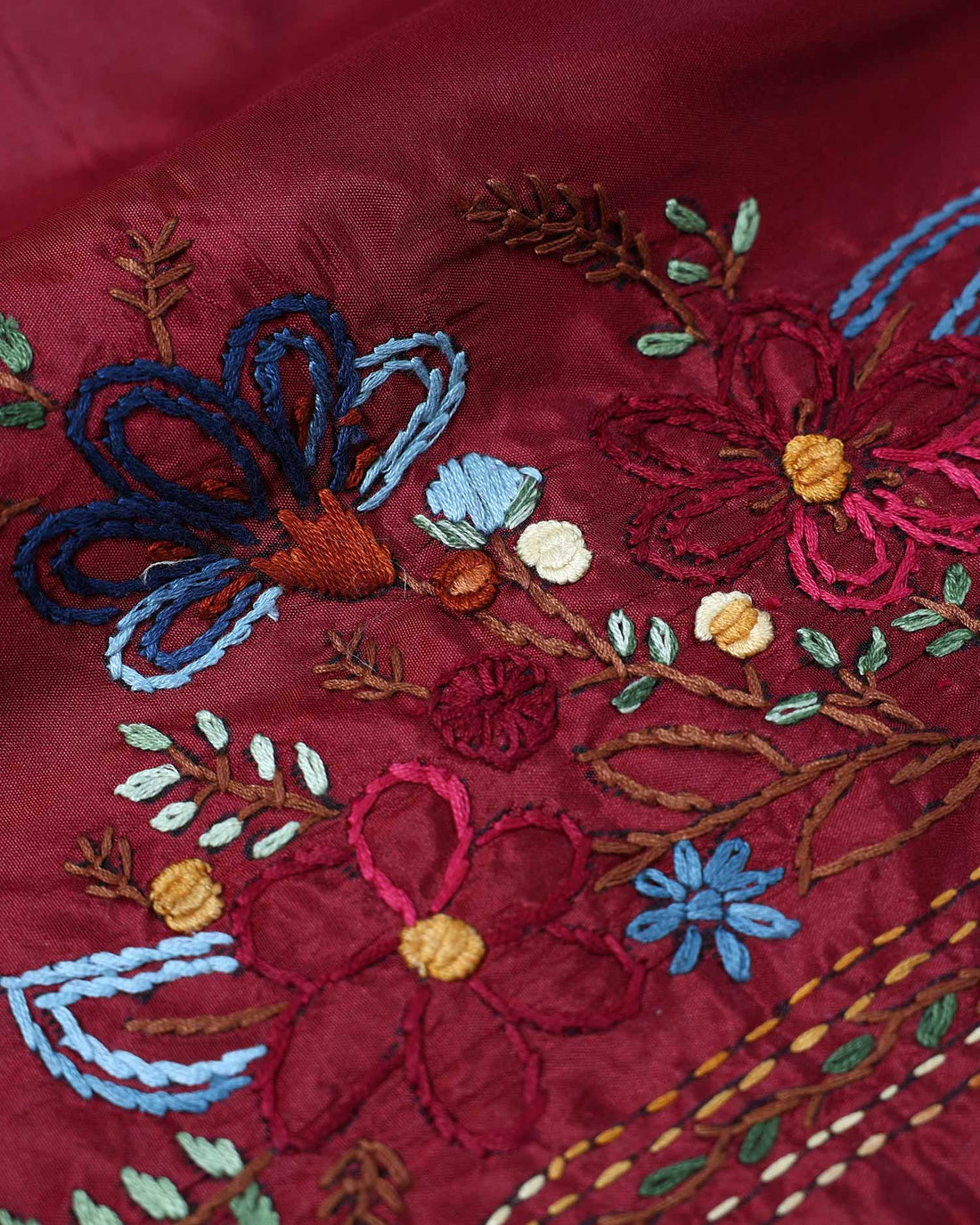 Elegant Hand Embroidered Floral Women’s Blouse Material with Traditional Thread Work Border - Maroon