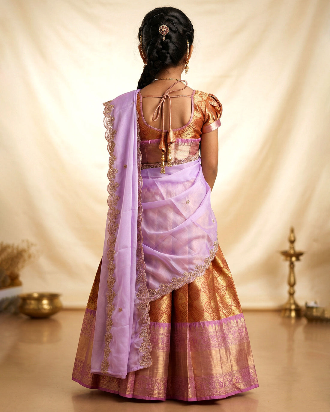 Traditional Girls Pattu Pavadai Dhavani Set with Zari Woven Skirt Elegant Border and Designer Blouse - Lavender and Copper Gold