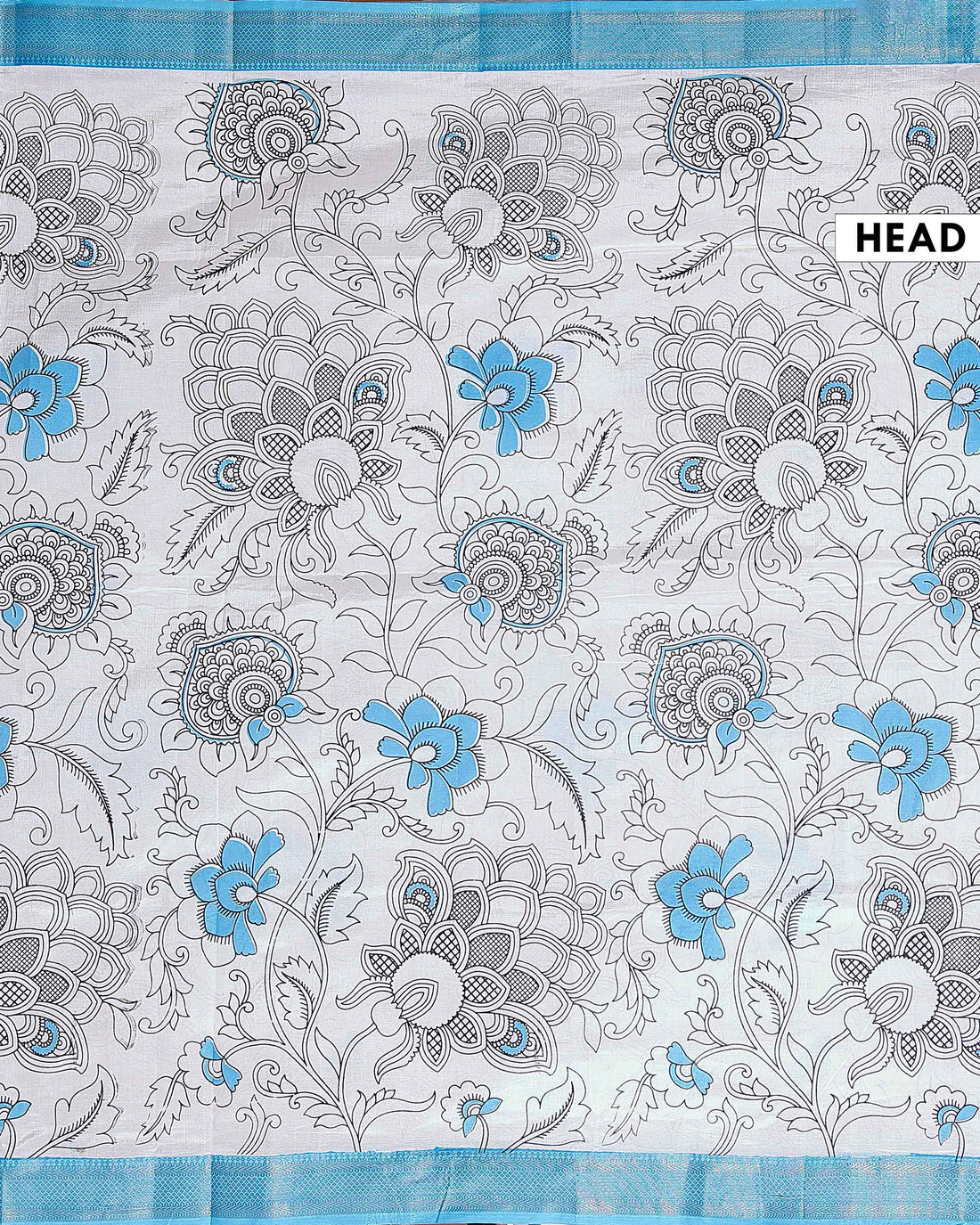 Traditional Mangalagiri Semi Chanderi Saree with Kalamkari-Inspired Floral Motifs and a Contrast Zari Border  - White