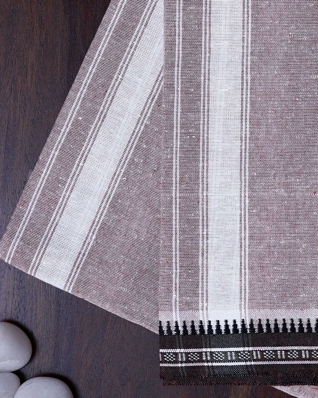 Men's Handloom Cotton Dhoti with Striped Pattern and Black Border - Brown