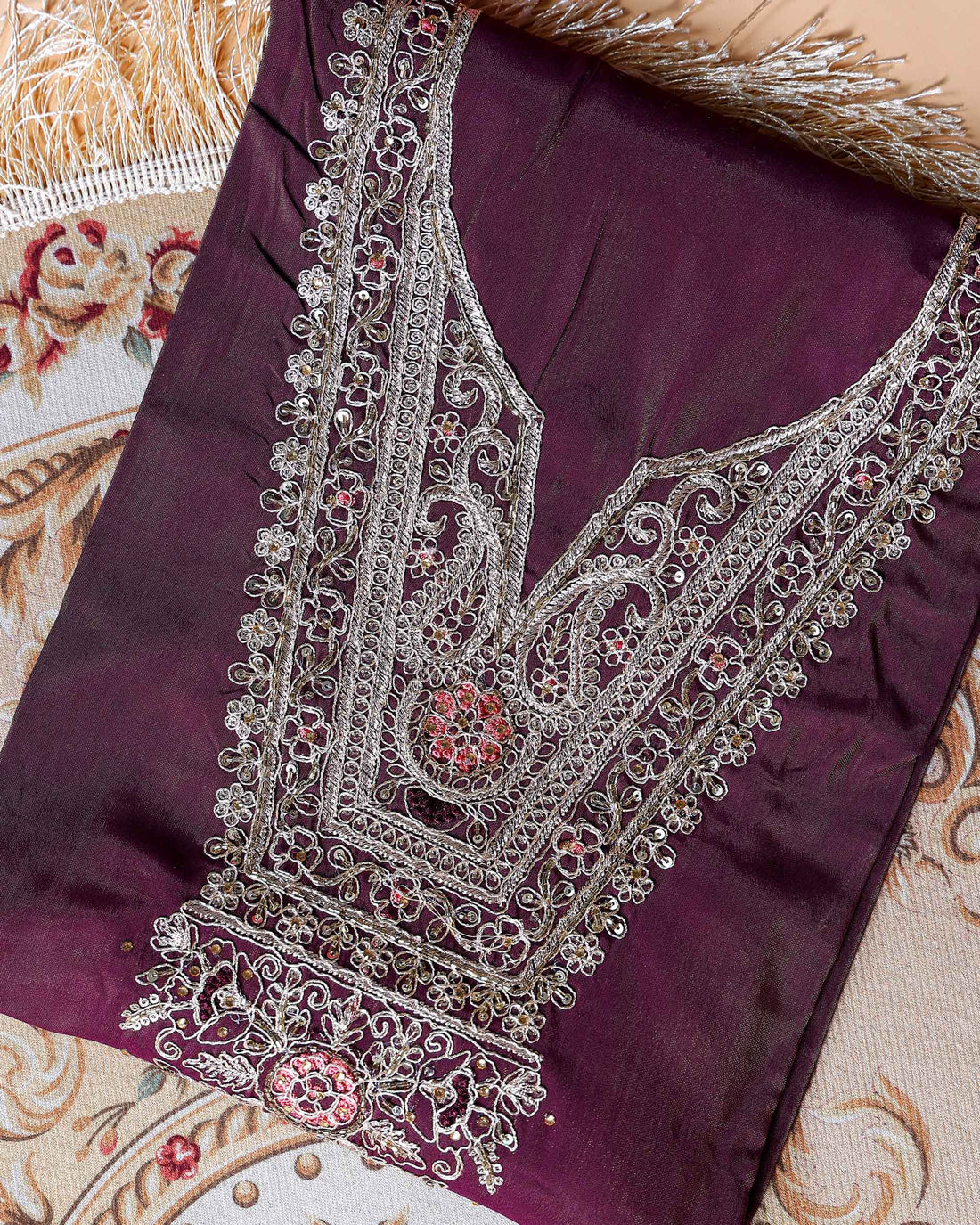 Women's Embroidered Ethnic Unstitched Salwar Suit Fabric Material with Dupatta Set - Purple