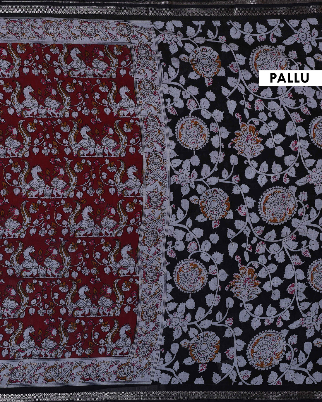 Elegant Semi Chanderi Saree with Traditional Kalamkari Handcrafted Motifs and Intricate Zari Border - Red