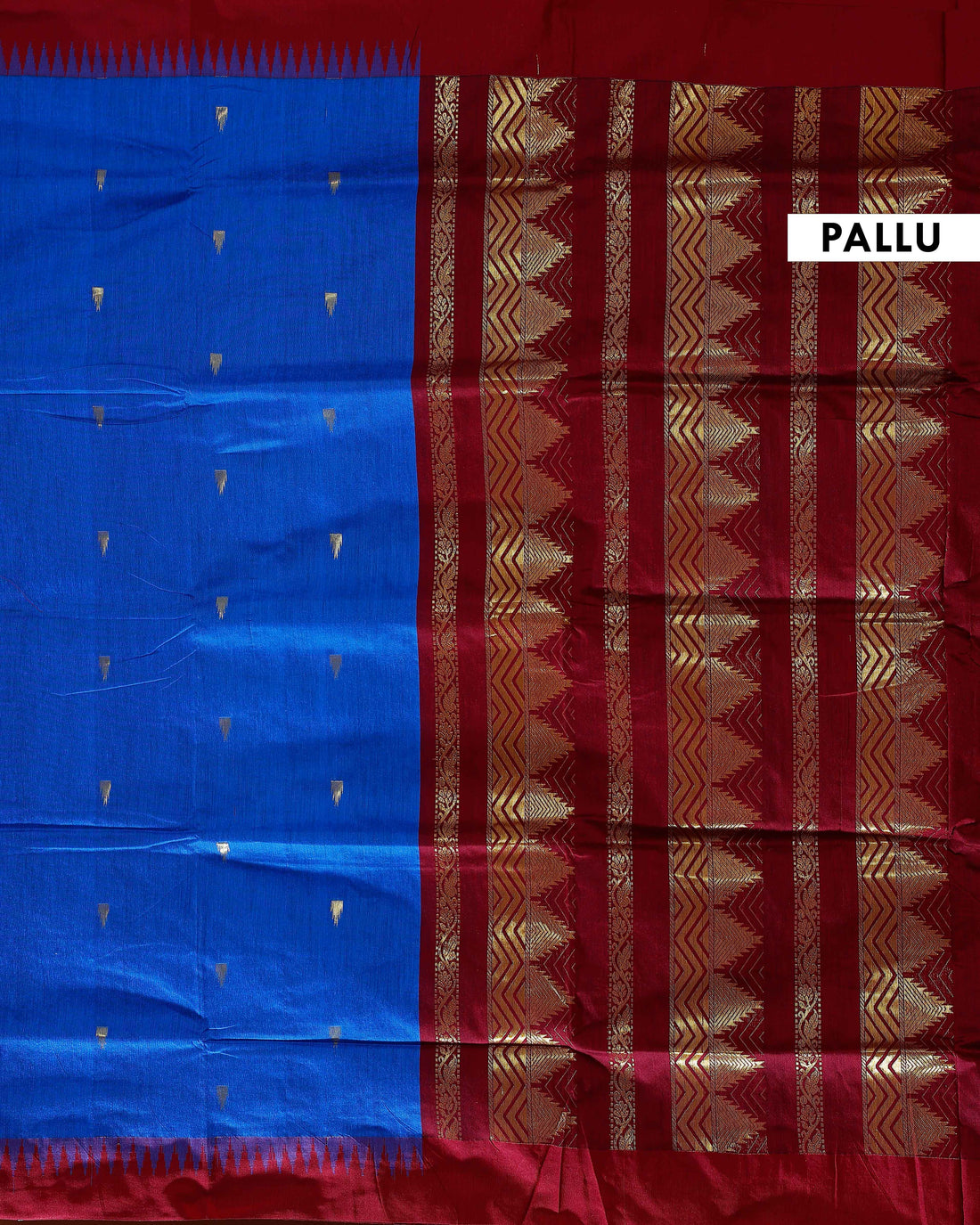 Handloom Kalyani Cotton Saree with Zari Woven Maroon Border and All-over Buttas - Blue