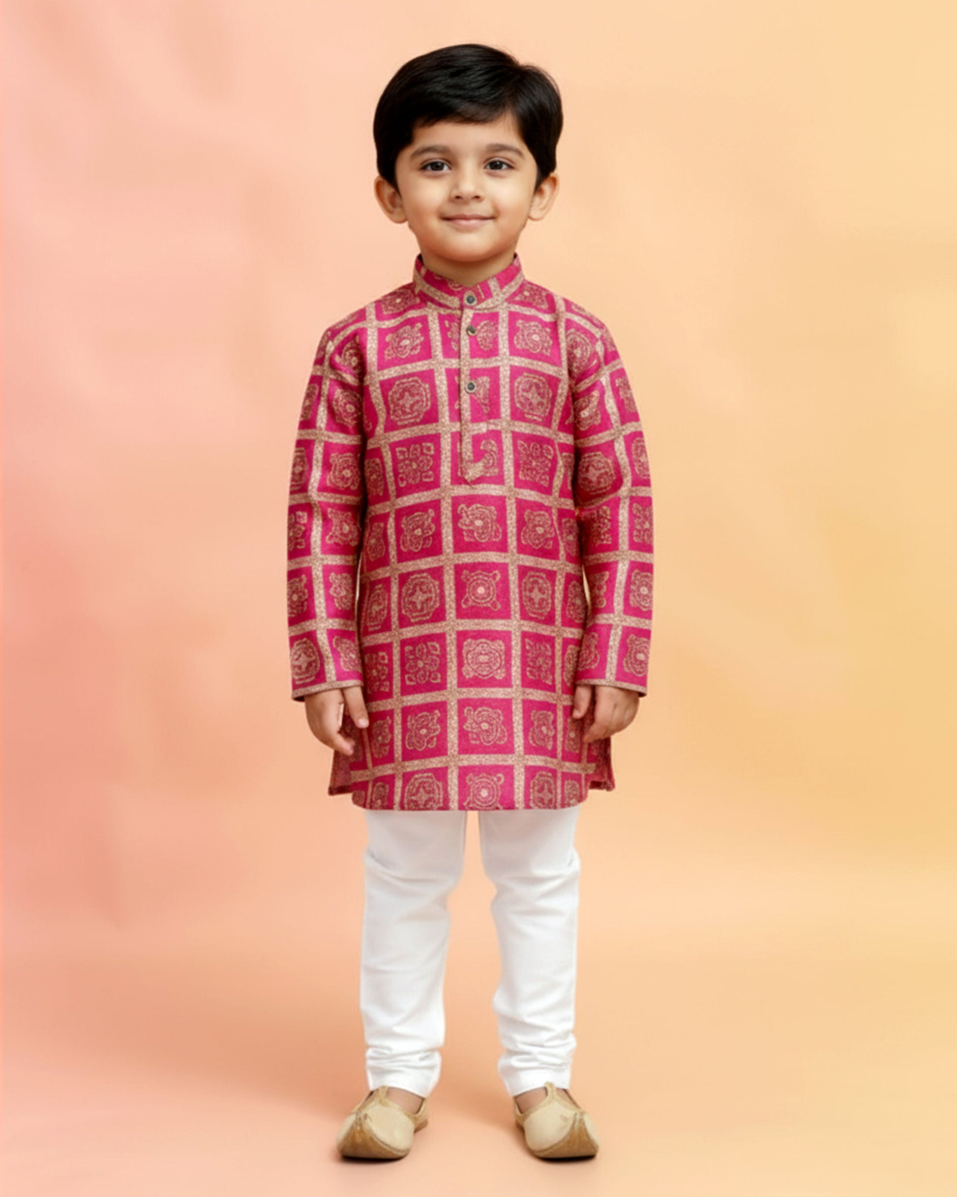 Boys green kurta adorned with traditional Bandhani-inspired patterns in red and gold., Pink
