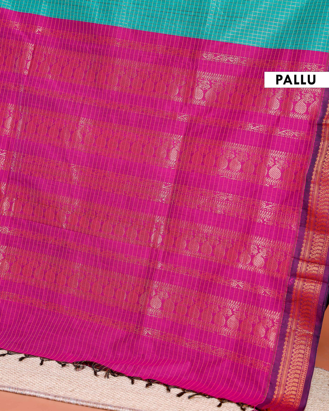 Traditional Kalyani Cotton Saree with All-Over Checks and Ornate Zari Pallu and Border - Turquoise