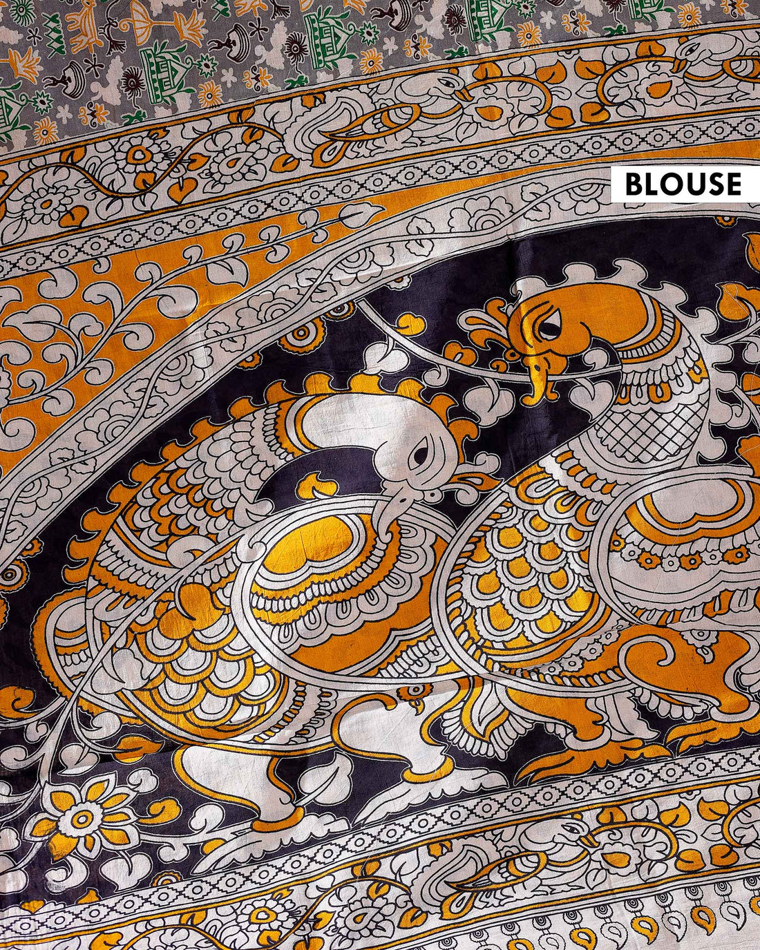 Traditional Handloom Kalamkari Cotton Saree with Intricate Floral and Avian Motifs - Grey