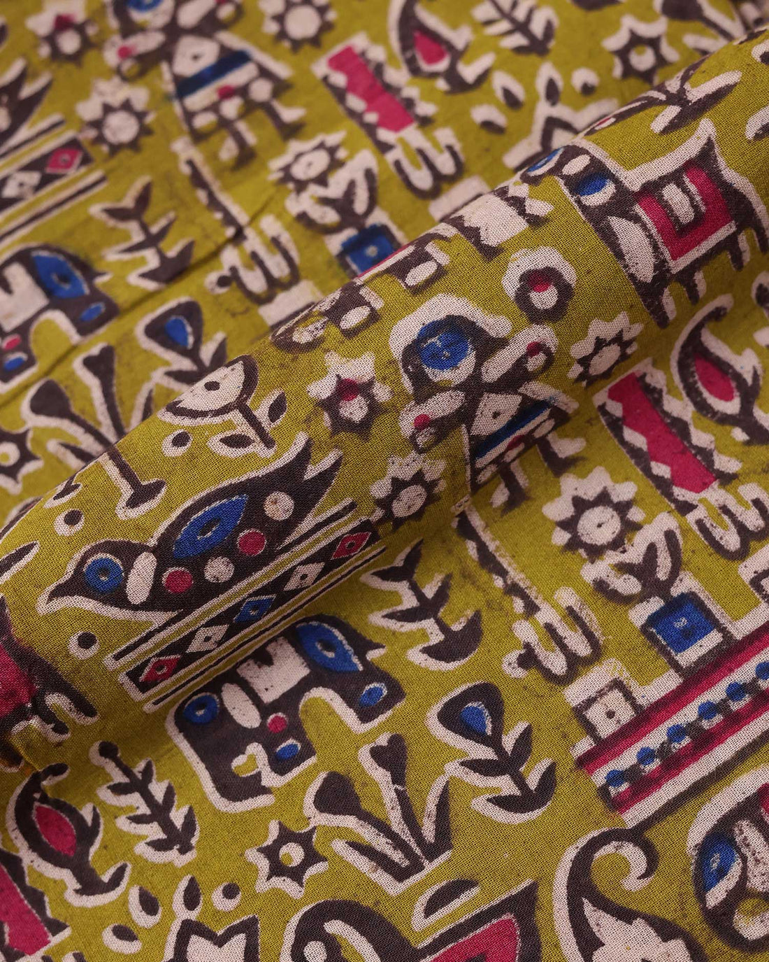 Traditional Tribal Animal & Folk Art Print Women’s 1 Meter Blouse Material - Olive Green