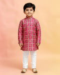 Boys green kurta adorned with traditional Bandhani-inspired patterns in red and gold., Dark Green