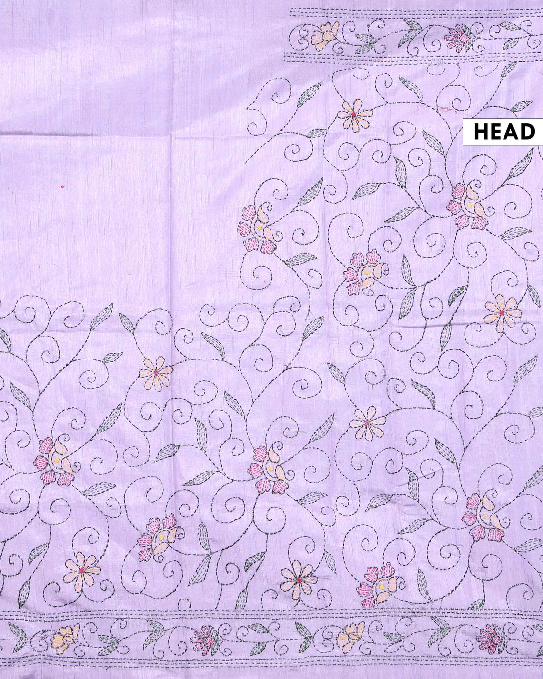 Elegant Hand Embroidered Kantha Work Tussar Saree with Detailed Floral Motifs - Lavender