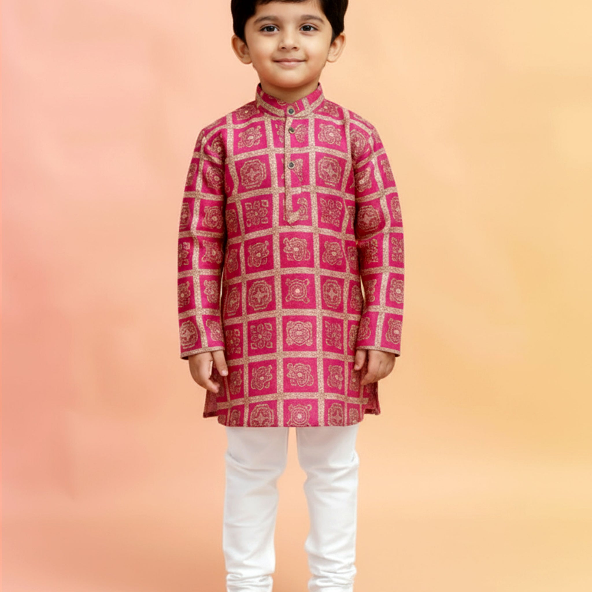 Boys Festive Pink & Gold Brocade Kurta Set with Traditional Mughal Motif Pattern