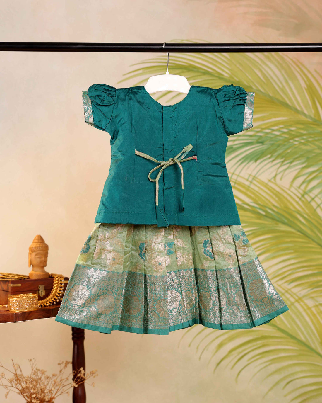Kids Pattu Pavadai Readymade a Traditional Ethnic Gown with Zari Border & Puff Sleeves  - Green