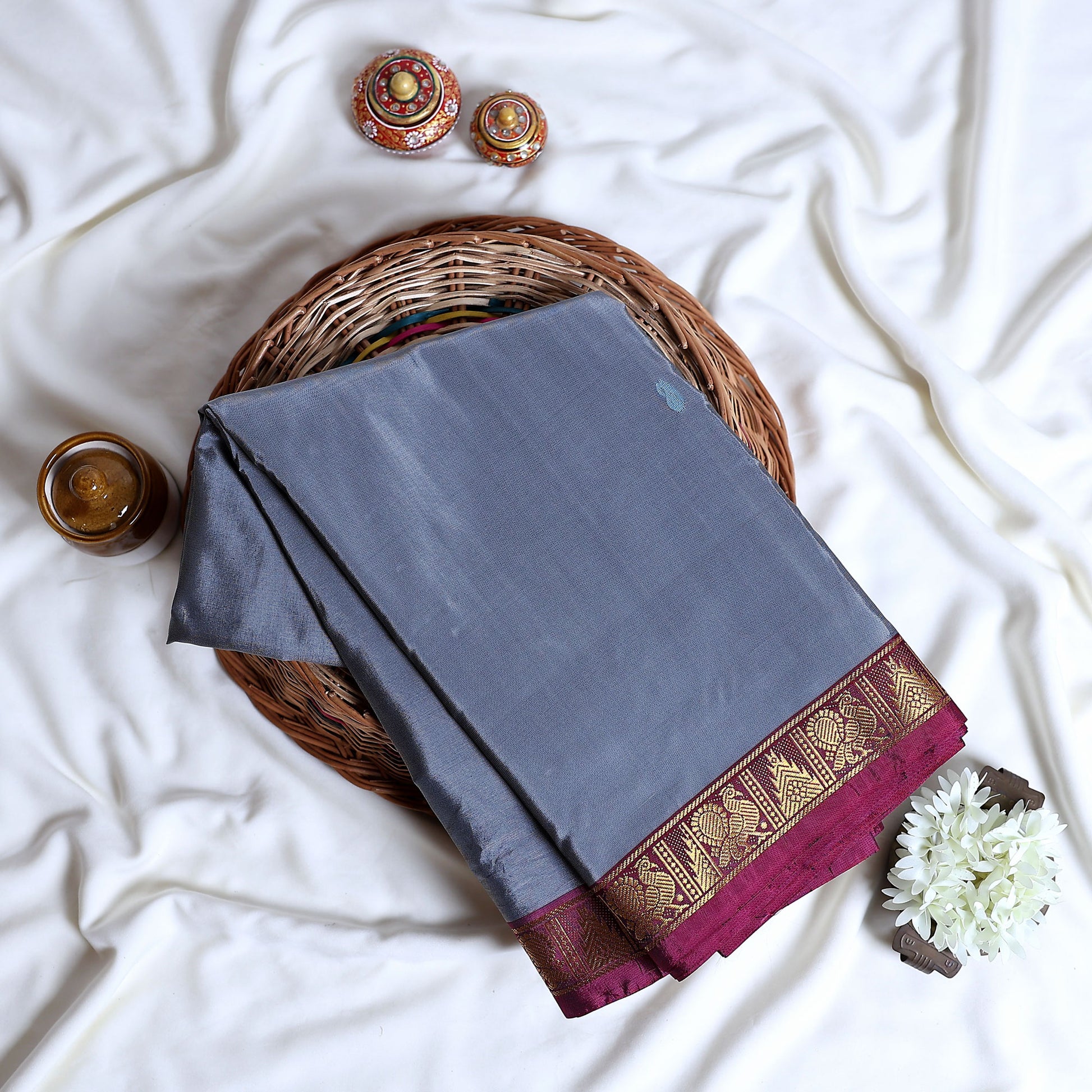 Grey and Maroon Banana Pith Saree with Gold Zari Border