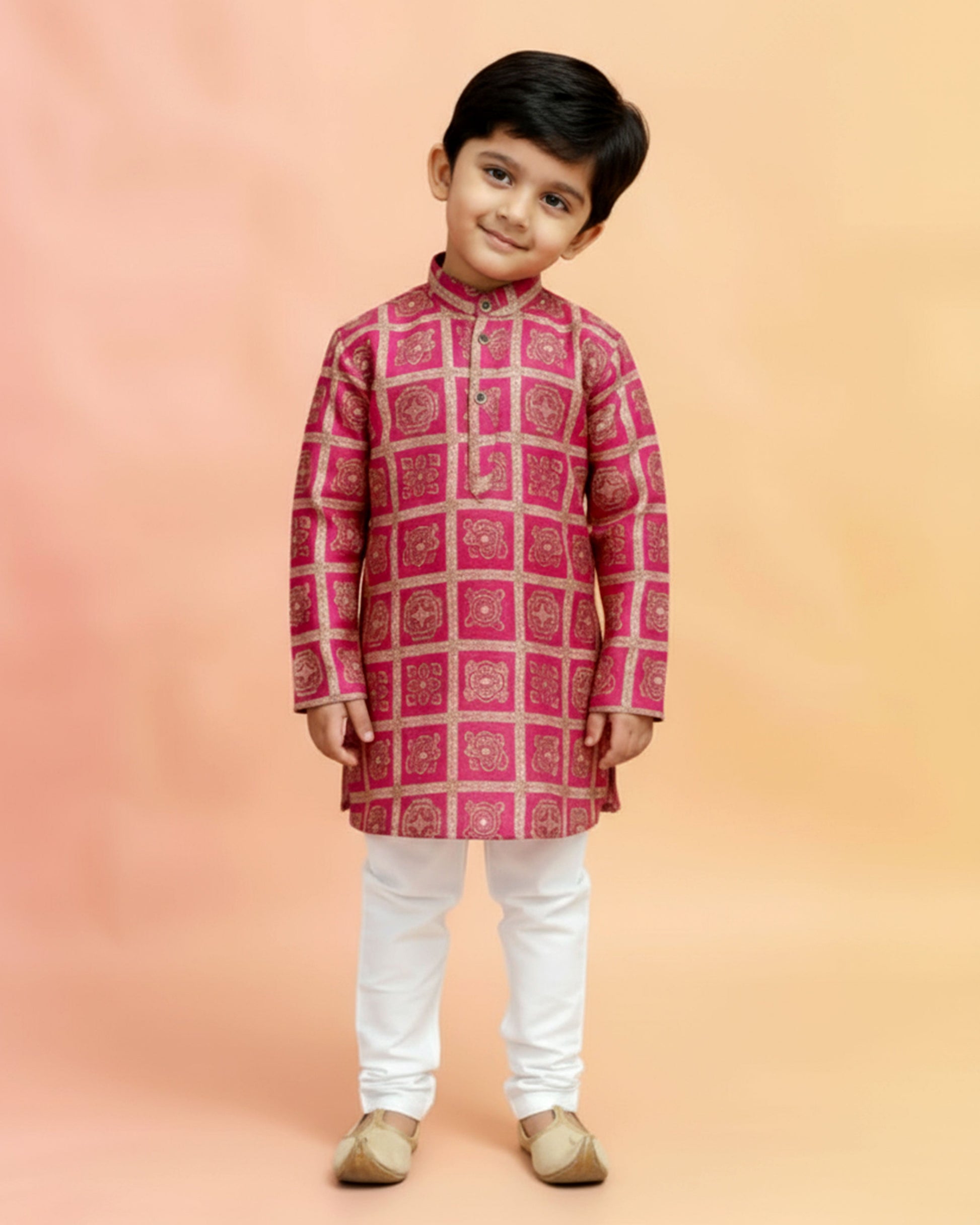 Boys green kurta adorned with traditional Bandhani-inspired patterns in red and gold., Dark Green
