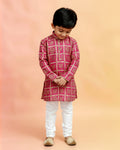 Boys green kurta adorned with traditional Bandhani-inspired patterns in red and gold., Dark Green