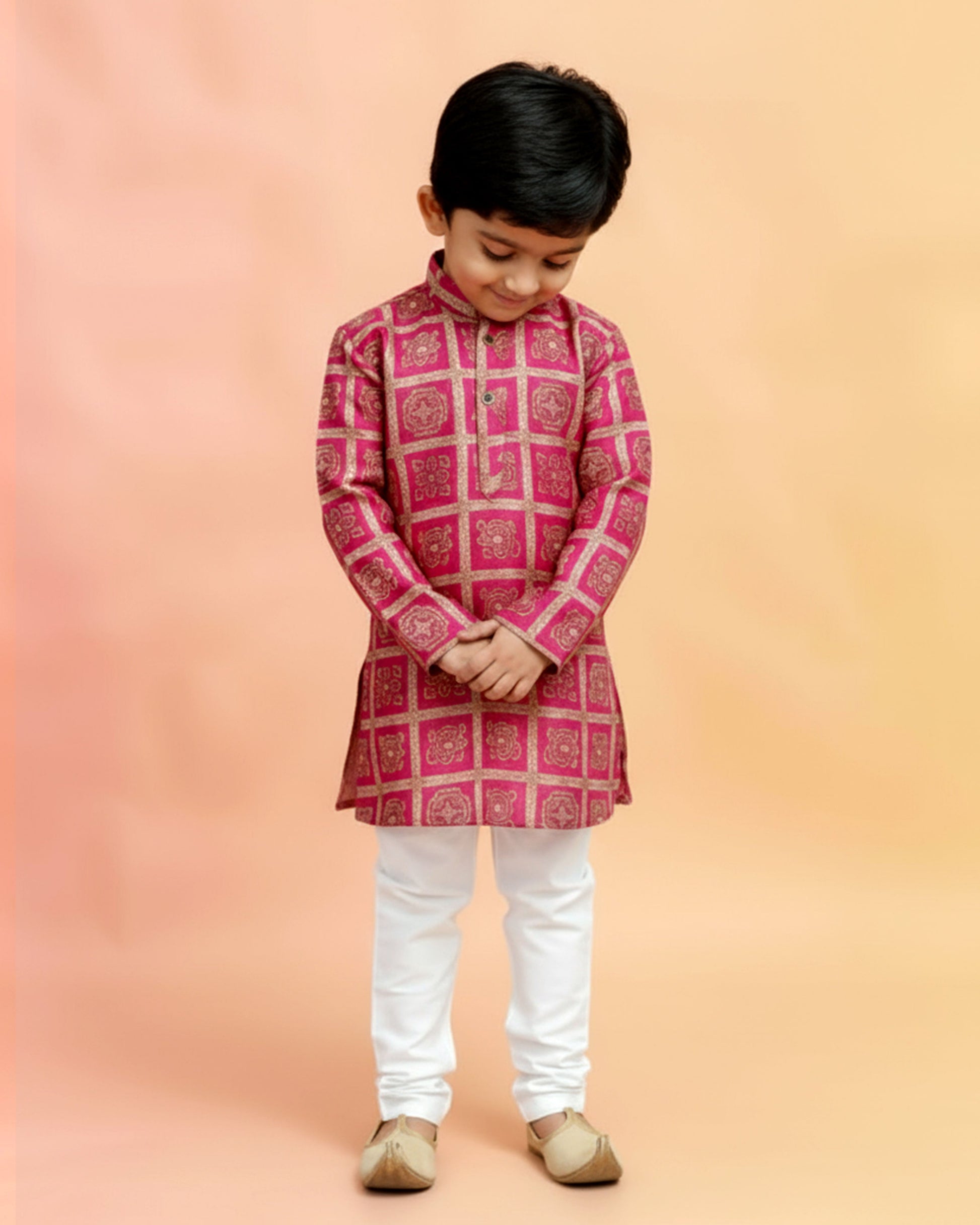 Boys green kurta adorned with traditional Bandhani-inspired patterns in red and gold., Dark Green