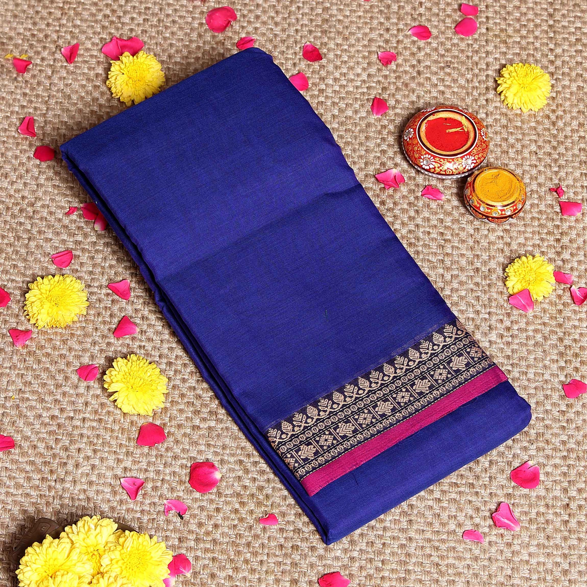 Traditional Narayanpet Cotton Saree with Traditional Zari Border & Temple Motif Detailing - Blue