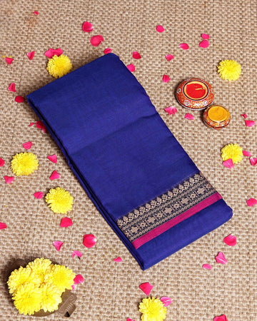 Traditional Narayanpet Cotton Saree with Traditional Zari Border & Temple Motif Detailing - Blue