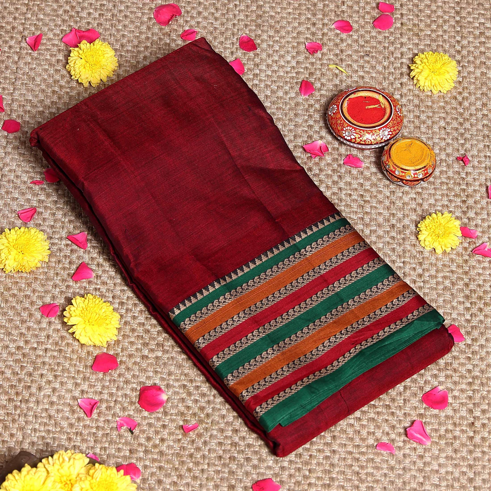 Traditional Narayanpet Cotton Saree Classic Temple Border and Striped Pallu - Maroon