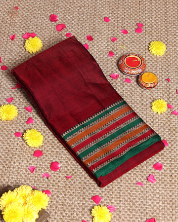 Traditional Narayanpet Cotton Saree Classic Temple Border and Striped Pallu - Maroon